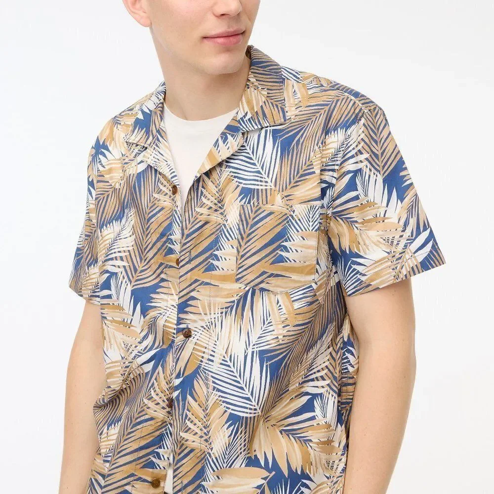 J Crew Men's Printed Flex Shirt Button Front Cotton Tropical Tan Blue Large